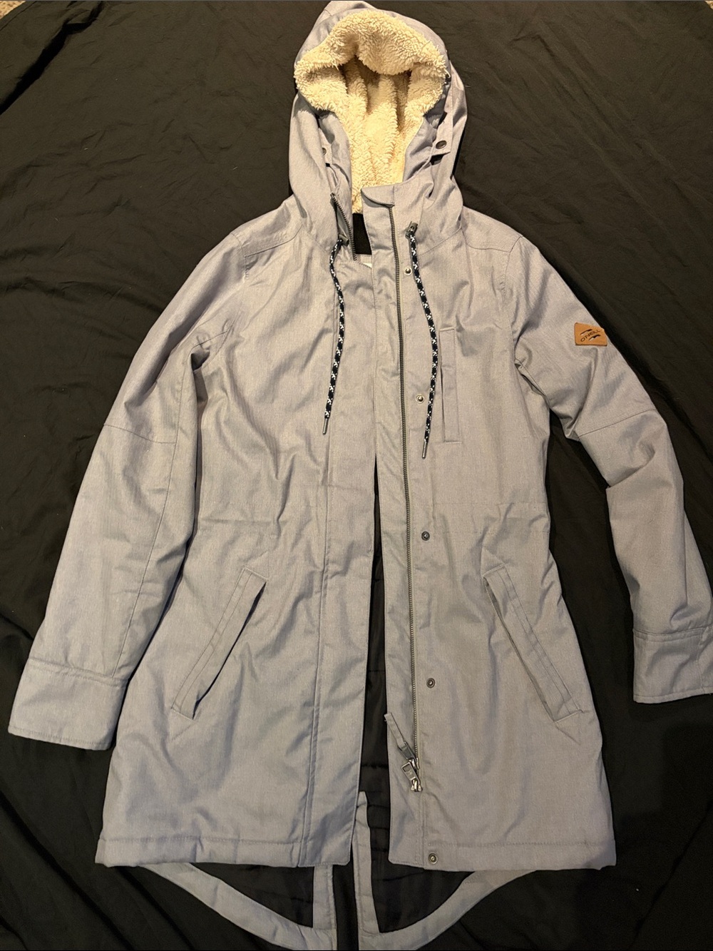 O'Neill Light Gray Hooded Trench Coat with Cream Sherpa Lined Hood